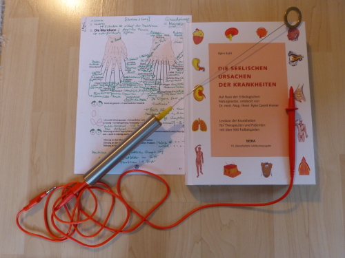 Einhandrute (Tensor), Testkabel, Meridiankarte und das Buch "Die seelischen Ursachen der Krankheiten" von Björn Eybl